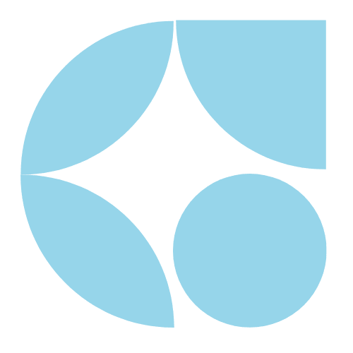 A geometric design with four blue shapes: a quarter circle, two leaf shapes, and a solid circle arranged symmetrically on a light gray background.