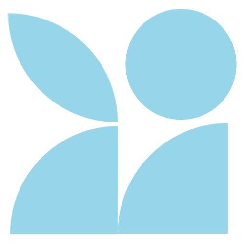 Four light blue geometric shapes—a circle, two quarter circles, and a leaf-like form—are arranged on a light gray background in an abstract pattern.