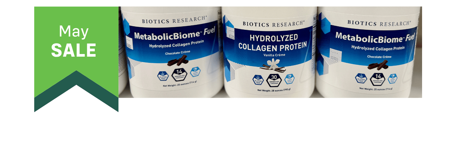 Three Biotics Research supplement containers, including MetabolicBiome Plus and Hydrolyzed Collagen Protein, next to a green banner reading "May SALE.