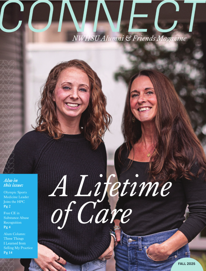 Two women standing side by side and smiling on the cover of CONNECT alumni and friends magazine, with the headline "A Lifetime of Care.