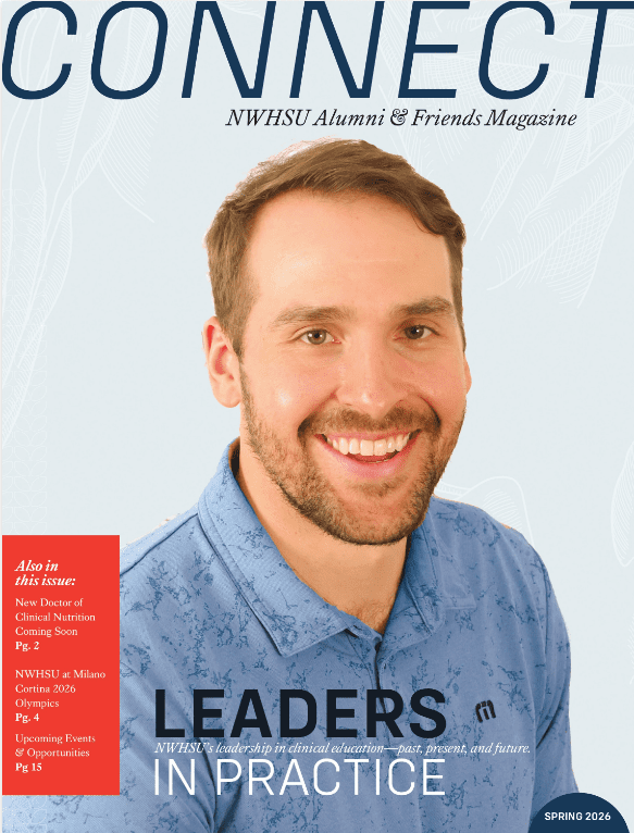 A man with short brown hair and a beard smiles at the camera, wearing a blue patterned shirt. Text on the magazine cover reads: "CONNECT NWHSU Alumni & Friends Magazine.